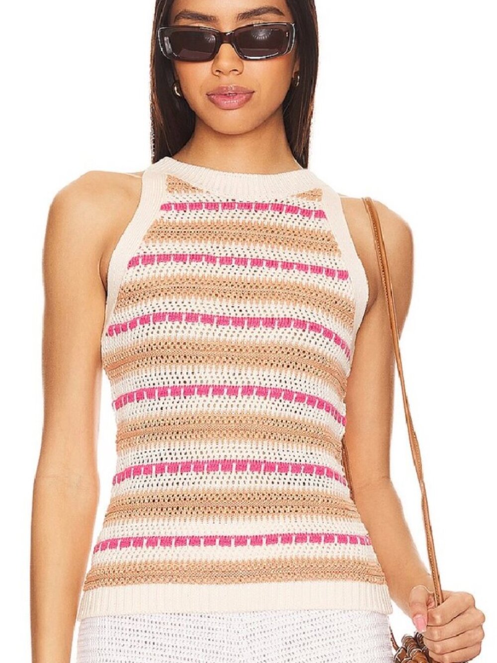 Central Park West Crochet Knit Tank Top Striped Cream Pink Brown - Size M